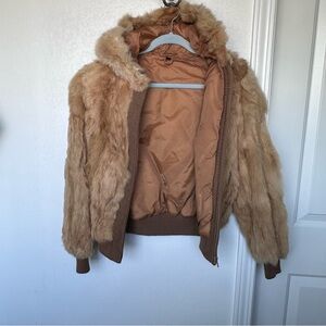 Vintage rabbit fur hooded bomber jacket